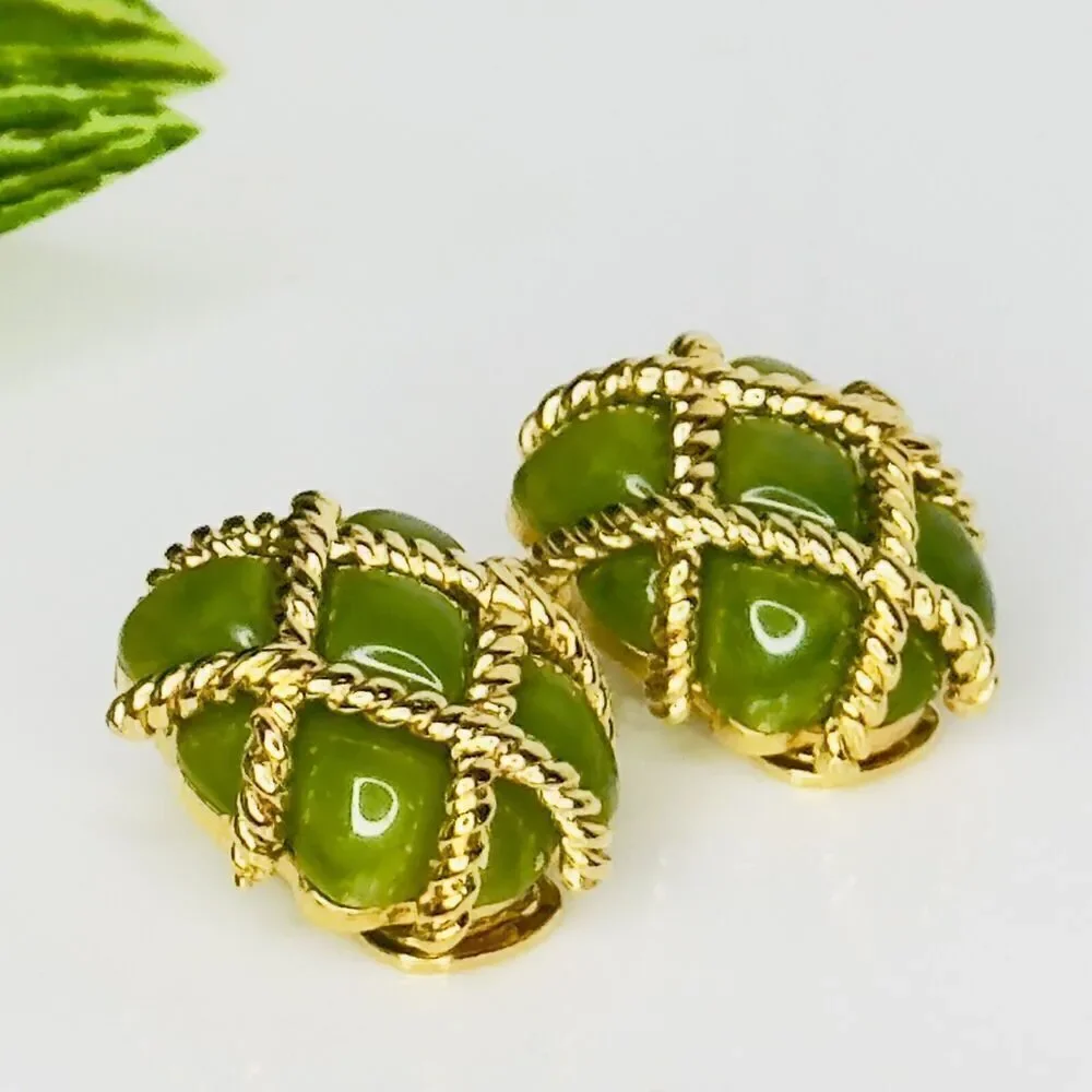 Vintage KJL Kenneth J Lane Earrings Gold Rope Quilted Green Lucite Clip On 1133 - Picture 2 of 15